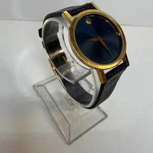 Movado Museum Swiss Quartz – Blue Sunburst Dial – Gold Tone Case – Authentic